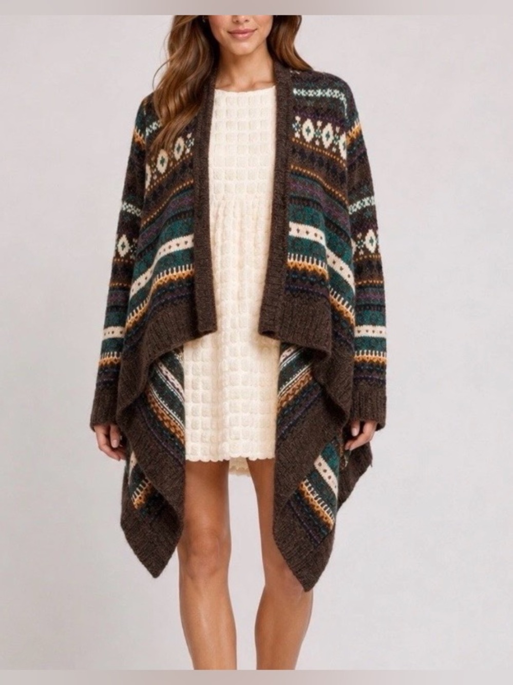 Sleeping on Snow Anthropologie Fair Isle WaterFall Draped Cardigan Sweater Brown